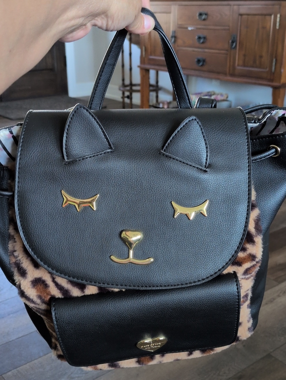Betsey Johnson Black Faux Leather & Leopard Print Cat Backpack